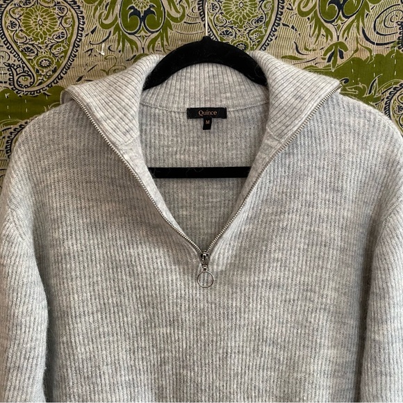 Quince Light Grey Baby Alpaca- Wool Quarter Zip Sweater Size Medium - Picture 3 of 15
